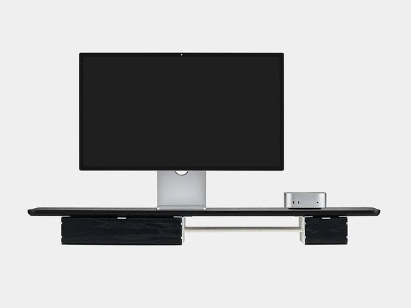 oakywood wooden desk shelf pro, solid wood monitor stand front view with mac mini | black, single drawer, white