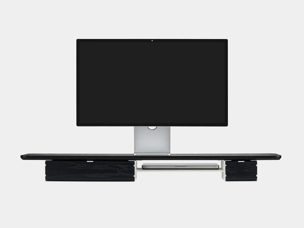 oakywood wooden desk shelf pro, solid wood monitor stand front view with macbook | black, single drawer, white