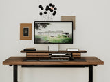oakywood wooden desk shelf pro, solid wood monitor stand front view desk setup | walnut, dual drawer, 