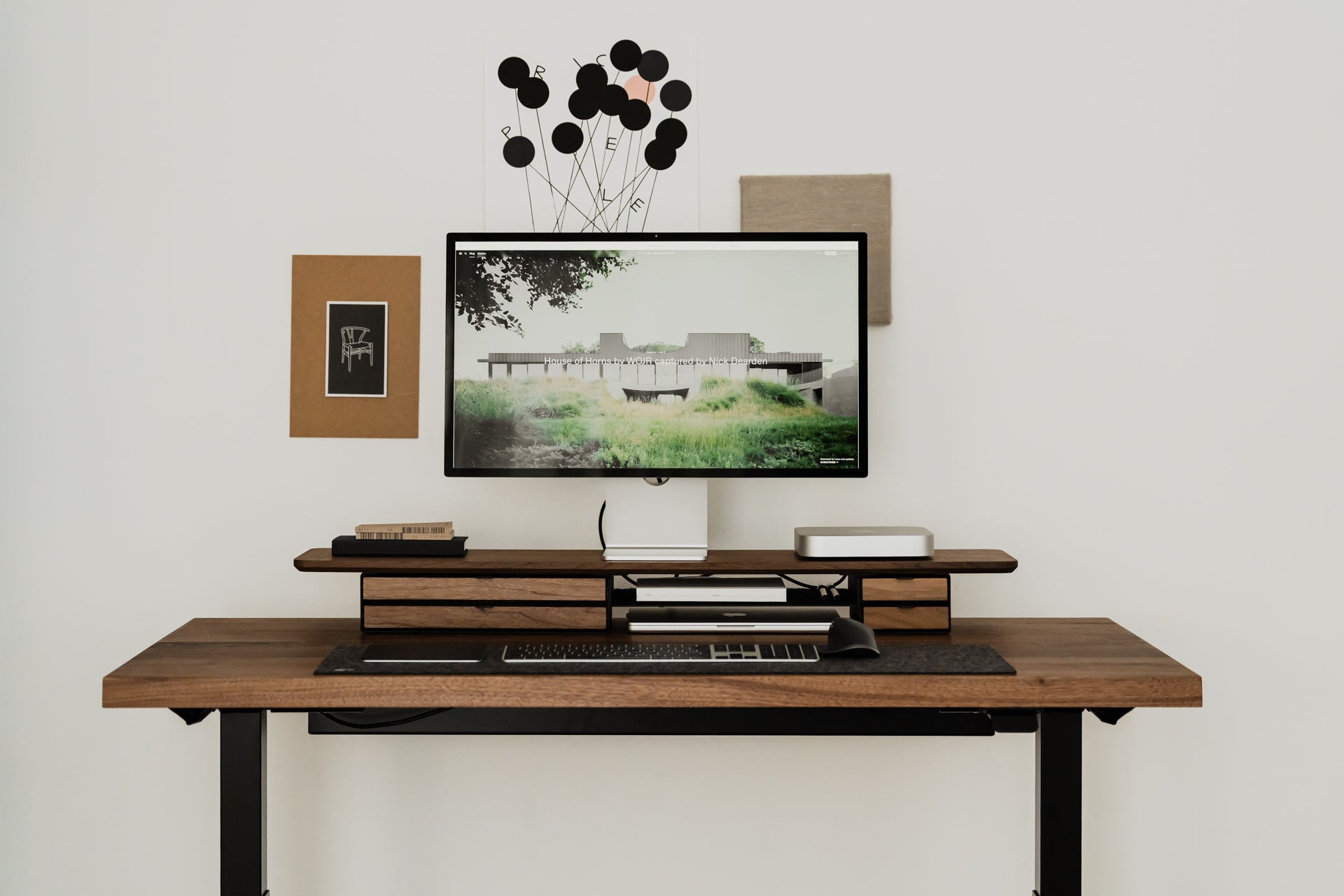 oakywood wooden desk shelf pro, solid wood monitor stand front view desk setup | walnut, dual drawer, 