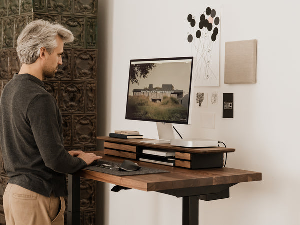oakywood wooden desk shelf pro, solid wood monitor stand desk setup | walnut, dual drawer, 