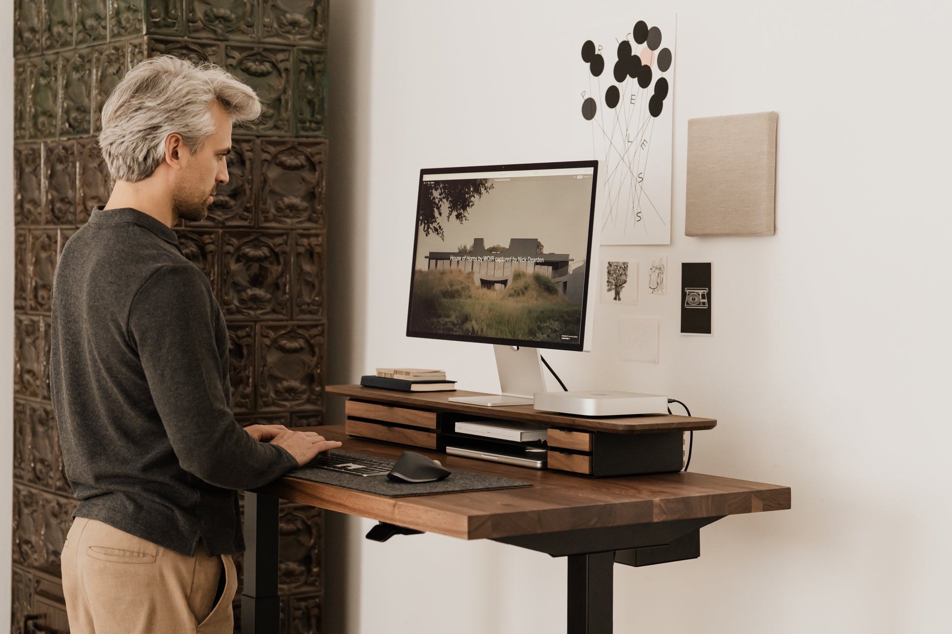oakywood wooden desk shelf pro, solid wood monitor stand desk setup | walnut, dual drawer, 