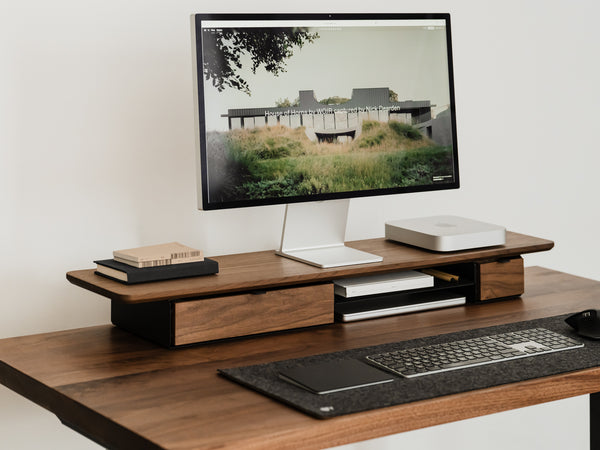 oakywood wooden desk shelf pro, solid wood monitor stand desk setup | walnut, single drawer, 