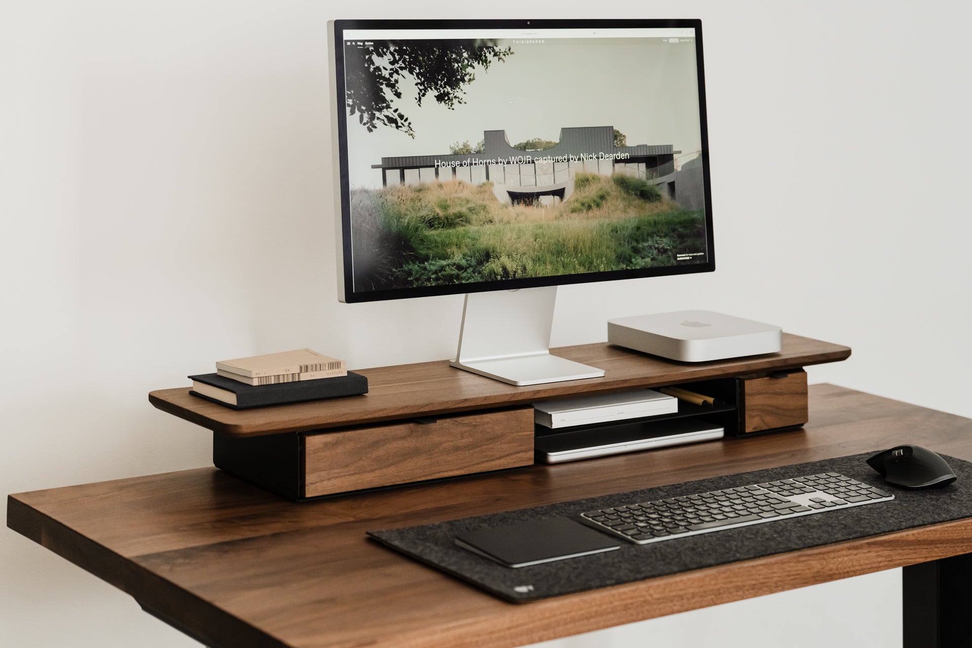 oakywood wooden desk shelf pro, solid wood monitor stand desk setup | walnut, single drawer, 