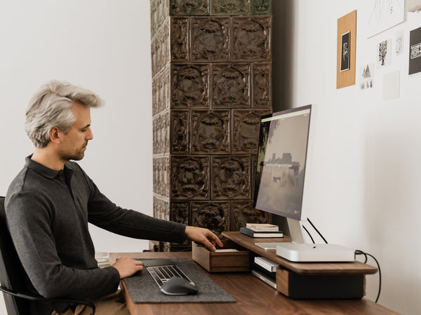 oakywood wooden desk shelf pro, solid wood monitor stand desk setup | walnut, single drawer, 