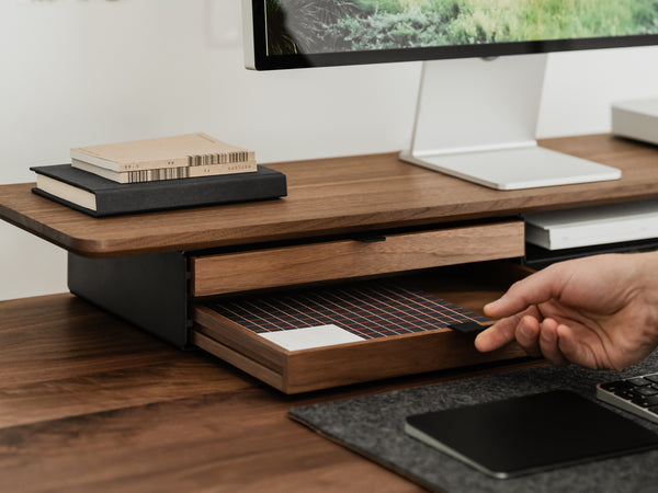 oakywood wooden desk shelf pro, solid wood monitor stand desk setup | walnut, dual drawer, 