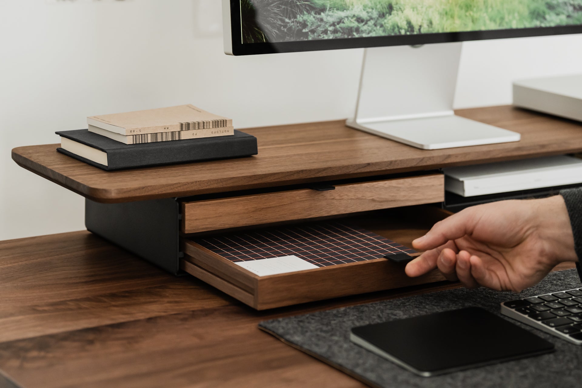 oakywood wooden desk shelf pro, solid wood monitor stand desk setup | walnut, dual drawer, 