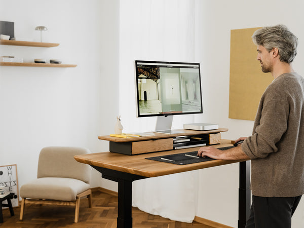 oakywood wooden desk shelf pro, solid wood monitor stand desk setup | oak, single drawer, black