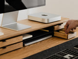 oakywood wooden desk shelf pro, solid wood monitor stand desk setup | oak, dual drawer, black