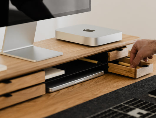 oakywood wooden desk shelf pro, solid wood monitor stand desk setup | oak, dual drawer, black