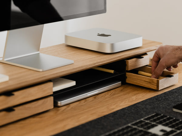 oakywood wooden desk shelf pro, solid wood monitor stand desk setup | oak, dual drawer, black