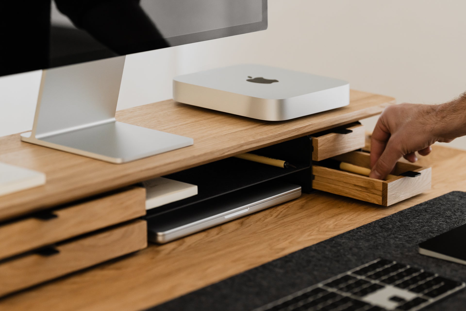 oakywood wooden desk shelf pro, solid wood monitor stand desk setup | oak, dual drawer, black