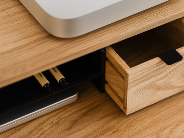 oakywood wooden desk shelf pro, solid wood monitor stand desk setup | oak, single drawer, black
