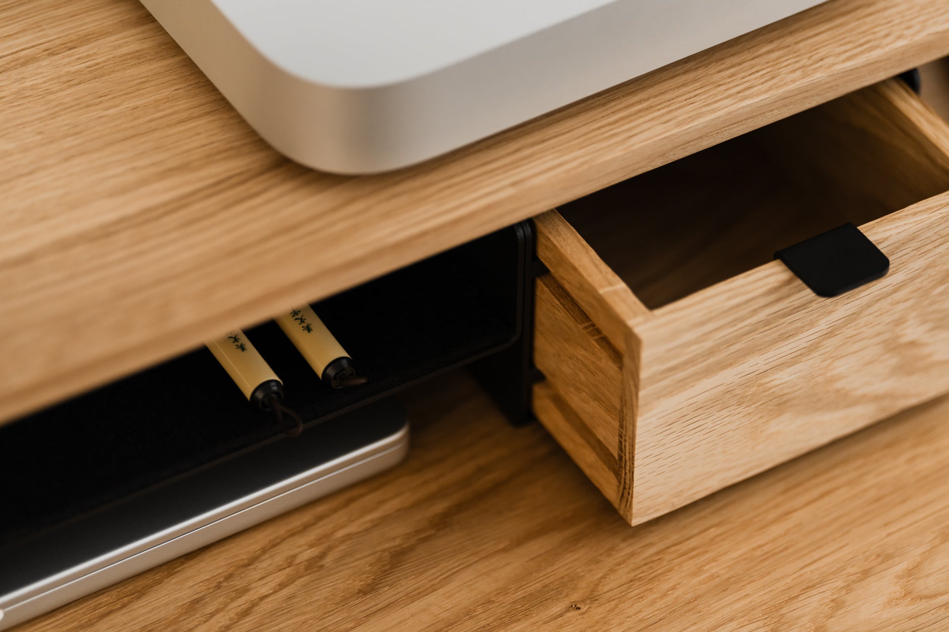 oakywood wooden desk shelf pro, solid wood monitor stand desk setup | oak, single drawer, black
