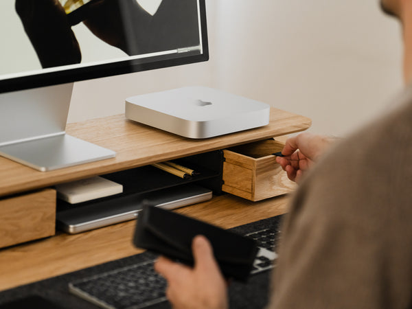 oakywood wooden desk shelf pro, solid wood monitor stand desk setup | oak, single drawer, black