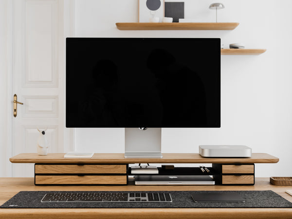 oakywood wooden desk shelf pro, solid wood monitor stand desk setup | oak, dual drawer, black