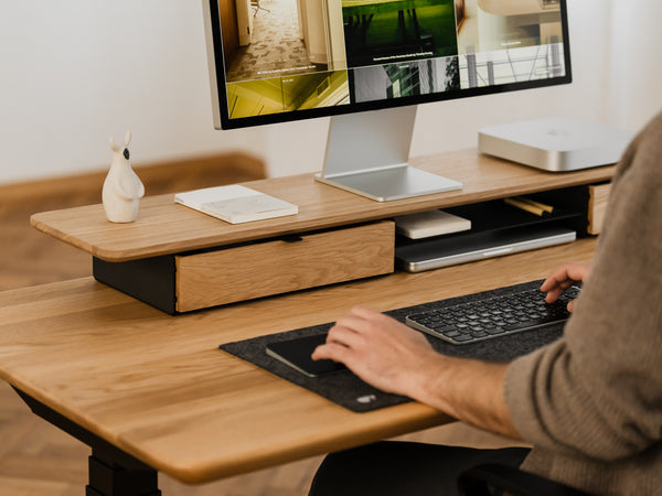oakywood wooden desk shelf pro, solid wood monitor stand desk setup | oak, single drawer, black