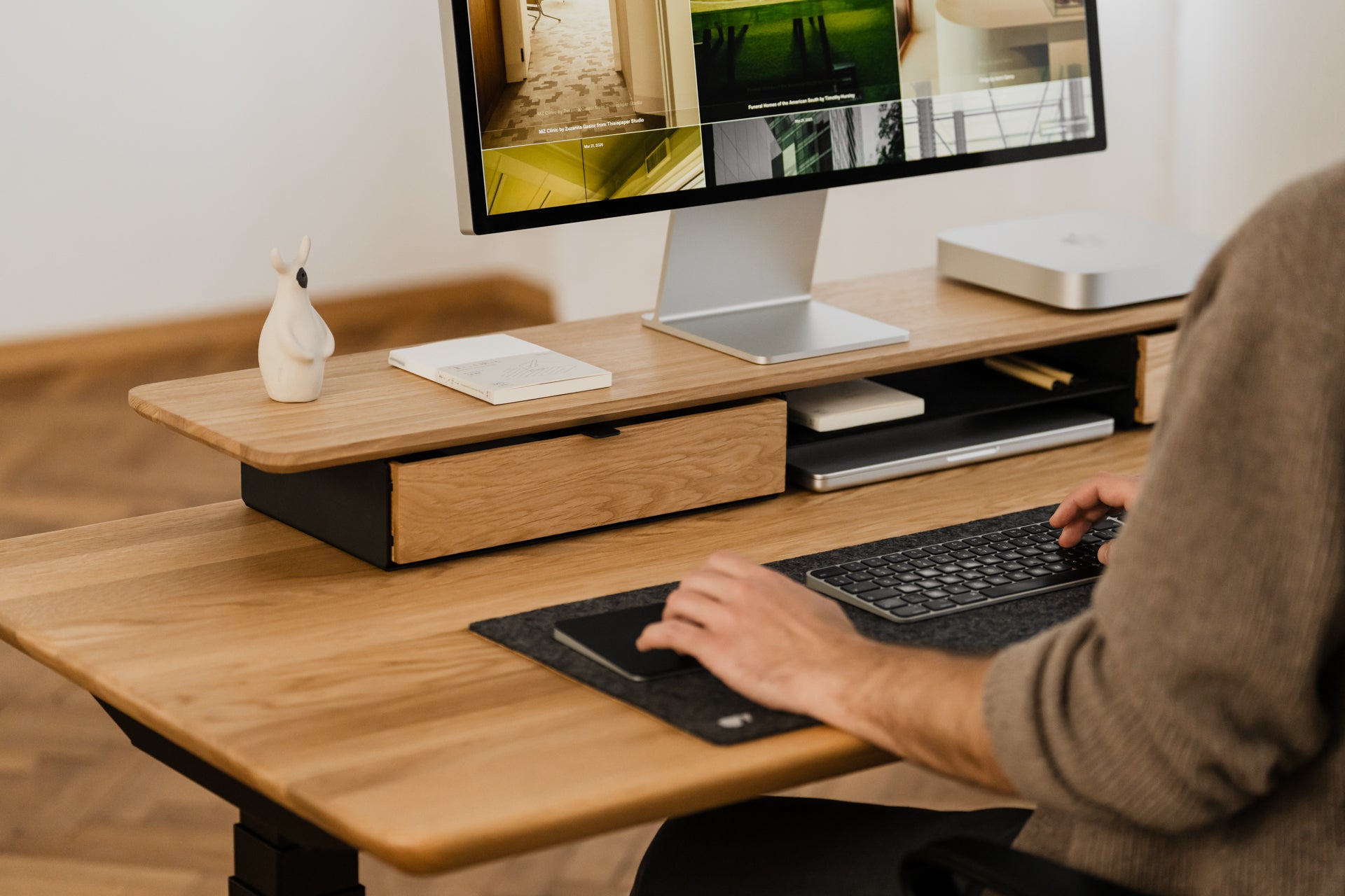 oakywood wooden desk shelf pro, solid wood monitor stand desk setup | oak, single drawer, black