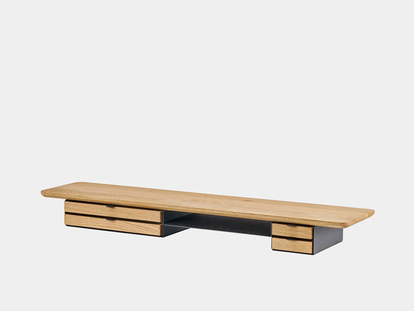 oakywood wooden desk shelf pro, solid wood monitor stand side view | oak, dual drawer, black