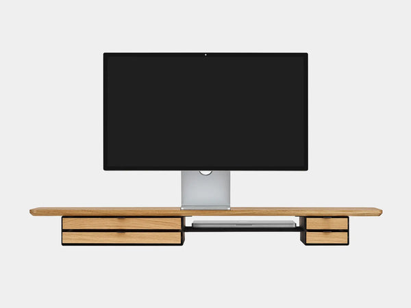 oakywood wooden desk shelf pro, solid wood monitor stand front view with macbook | oak, dual drawer, black