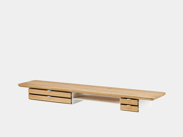 oakywood wooden desk shelf pro, solid wood monitor stand side view | oak, dual drawer, white