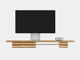 oakywood wooden desk shelf pro, solid wood monitor stand front view with mac mini | oak, dual drawer, white