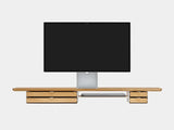 oakywood wooden desk shelf pro, solid wood monitor stand front view with macbook | oak, dual drawer, white