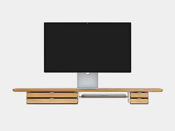 oakywood wooden desk shelf pro, solid wood monitor stand front view with macbook | oak, dual drawer, white