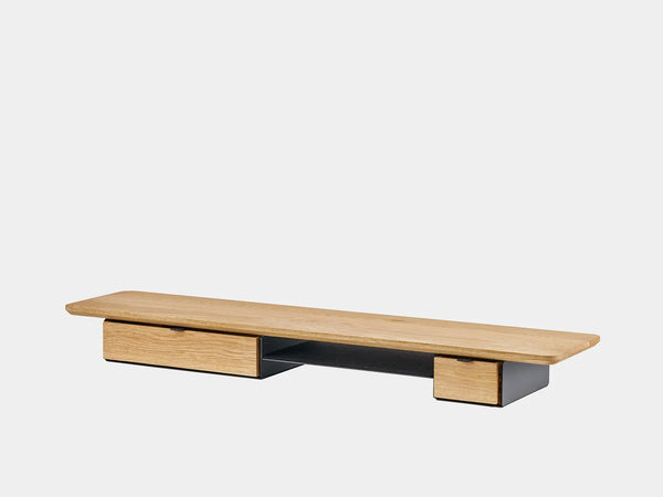 oakywood wooden desk shelf pro, solid wood monitor stand side view | oak, single drawer, black