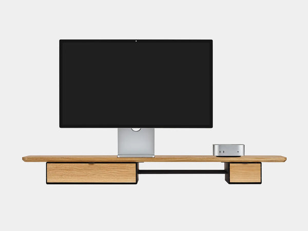 oakywood wooden desk shelf pro, solid wood monitor stand front view with mac mini | oak, single drawer, black