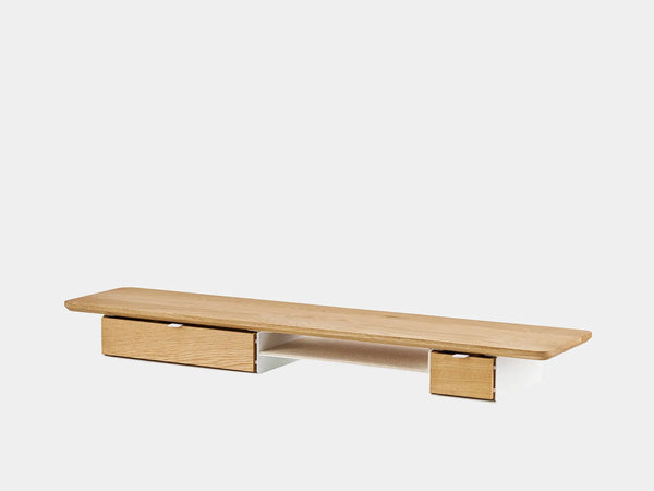 oakywood wooden desk shelf pro, solid wood monitor stand side view | oak, single drawer, white