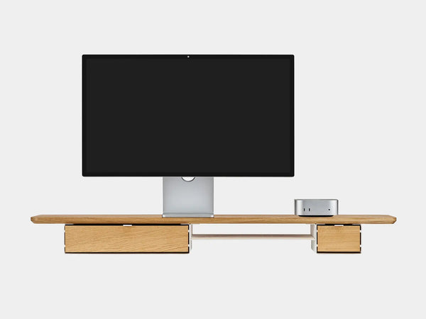oakywood wooden desk shelf pro, solid wood monitor stand front view with mac mini | oak, single drawer, white