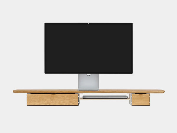 oakywood wooden desk shelf pro, solid wood monitor stand front view with macbook | oak, single drawer, white