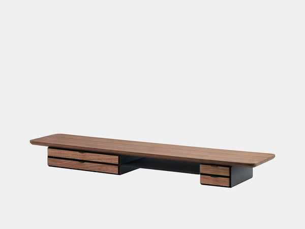 oakywood wooden desk shelf pro, solid wood monitor stand side view | walnut, dual drawer, black