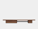 oakywood wooden desk shelf pro, solid wood monitor stand front view | walnut, dual drawer, black