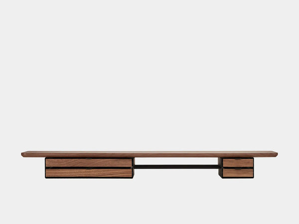 oakywood wooden desk shelf pro, solid wood monitor stand front view | walnut, dual drawer, black