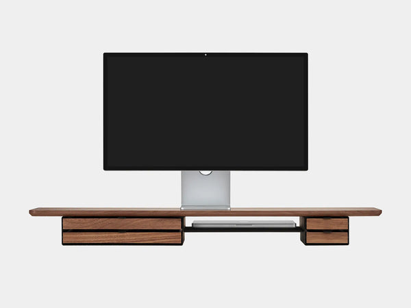 oakywood wooden desk shelf pro, solid wood monitor stand front view with macbook | walnut, dual drawer, black