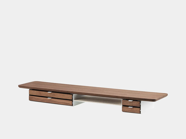 oakywood wooden desk shelf pro, solid wood monitor stand side view | walnut, dual drawer, white