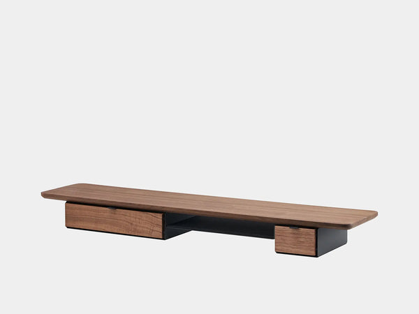 oakywood wooden desk shelf pro, solid wood monitor stand side view | walnut, single drawer, black