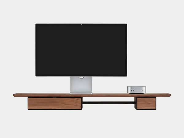 oakywood wooden desk shelf pro, solid wood monitor stand front view with mac mini | walnut, single drawer, black