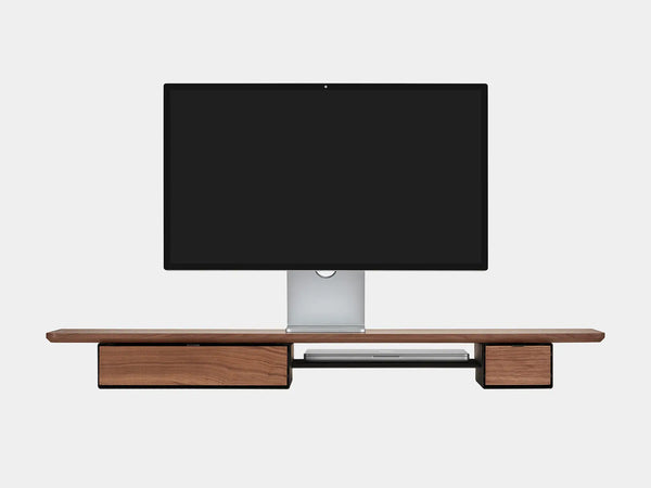 oakywood wooden desk shelf pro, solid wood monitor stand front view with macbook | walnut, single drawer, black