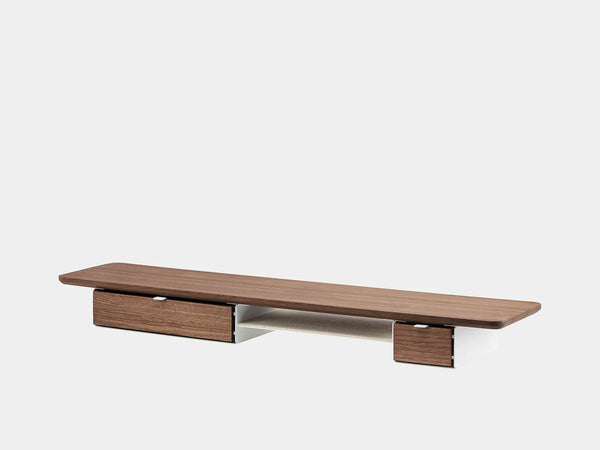 oakywood wooden desk shelf pro, solid wood monitor stand side view | walnut, single drawer, white
