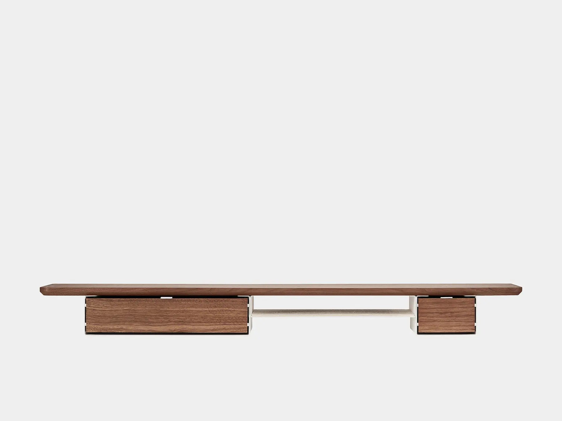 oakywood wooden desk shelf pro, solid wood monitor stand front view | walnut, single drawer, white