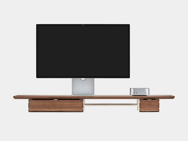 oakywood wooden desk shelf pro, solid wood monitor stand front view with mac mini | walnut, single drawer, white