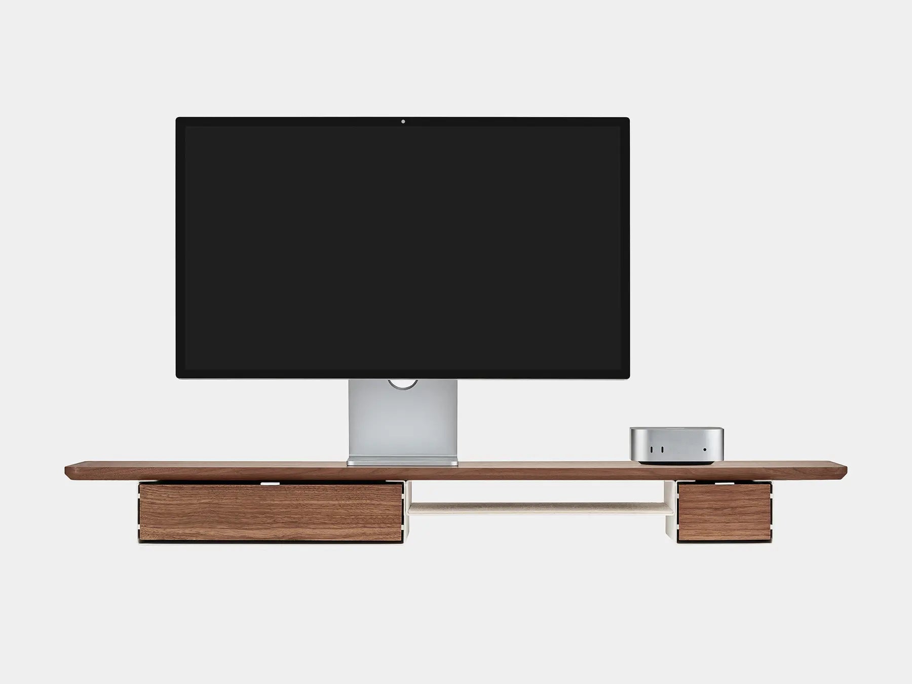 oakywood wooden desk shelf pro, solid wood monitor stand front view with mac mini | walnut, single drawer, white