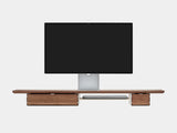 oakywood wooden desk shelf pro, solid wood monitor stand front view with macbook | walnut, single drawer, white