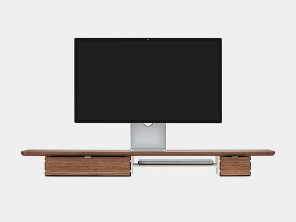 oakywood wooden desk shelf pro, solid wood monitor stand front view with macbook | walnut, single drawer, white