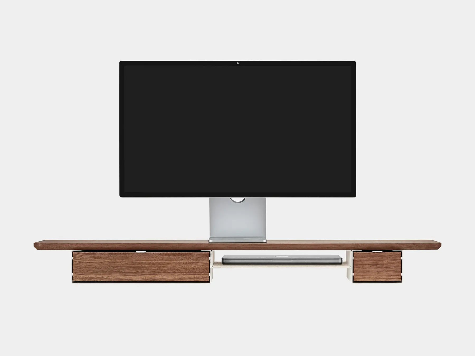 oakywood wooden desk shelf pro, solid wood monitor stand front view with macbook | walnut, single drawer, white