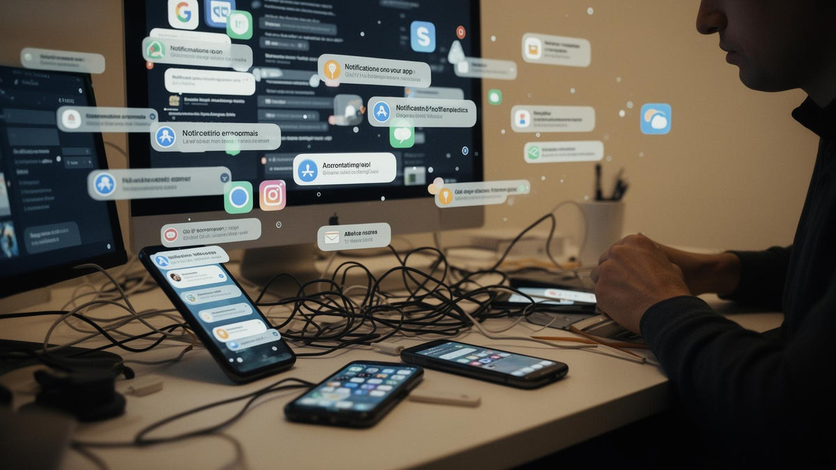 Desk overwhelmed by notifications, app icons and tangled cables