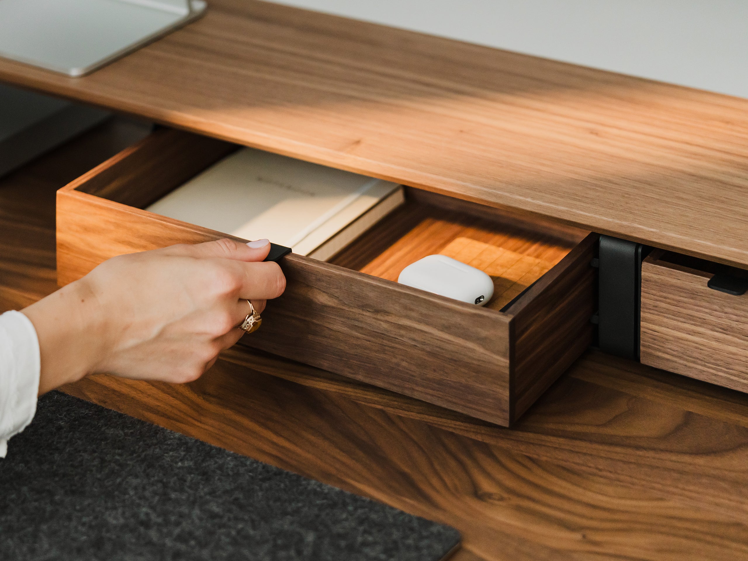 oakywood walnut modular drawer with black base on desk | walnut, single drawer, 